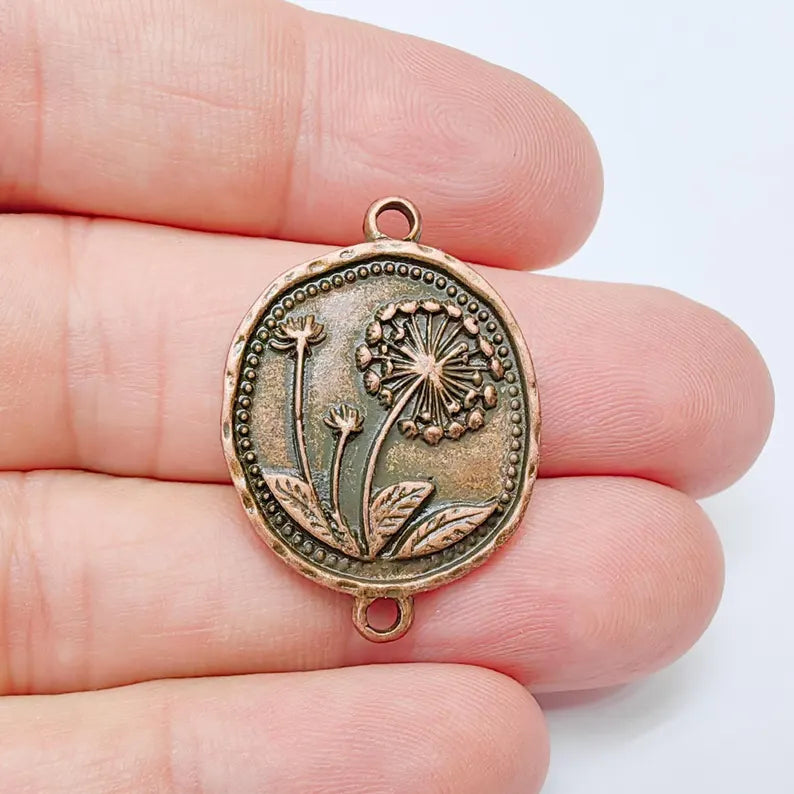 Dandelion Charms Connector Double Hole, Flower Pendant, Boho Charms, Earring Charms, Necklace Parts, Antique Copper Plated 33x24mm G37511