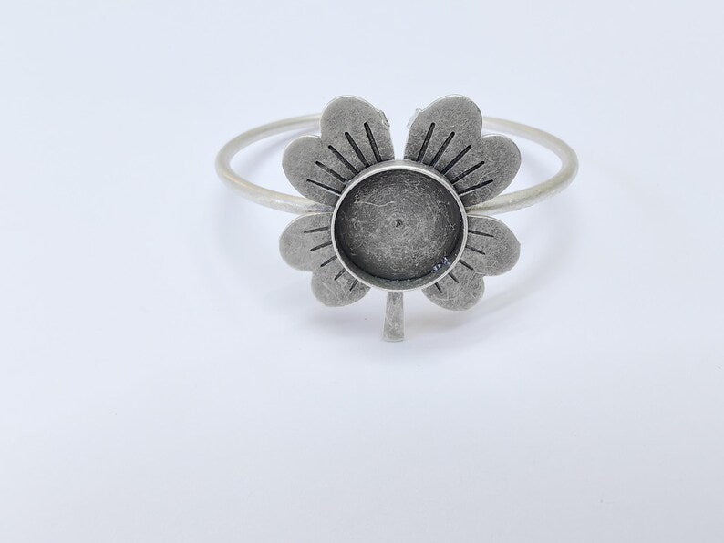Four Leaf Clover Adjustable Bracelet, 16mm Bezel Setting Open Cuff Bangle, Antique Silver Plated Brass Jewelry Base for Cabochons, G37514