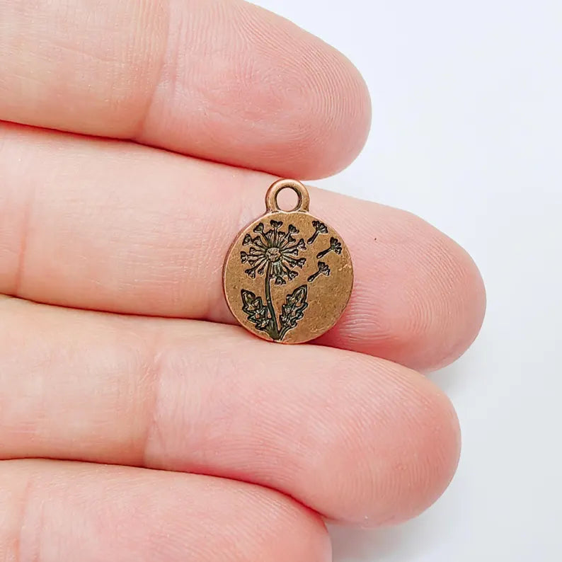 4 Dandelion Flower Charm, Double Sided Botanical, Organic Shape Plant Charm, Nature Earring, Floral Tag, Antique Copper Plated 16x13mm G37515