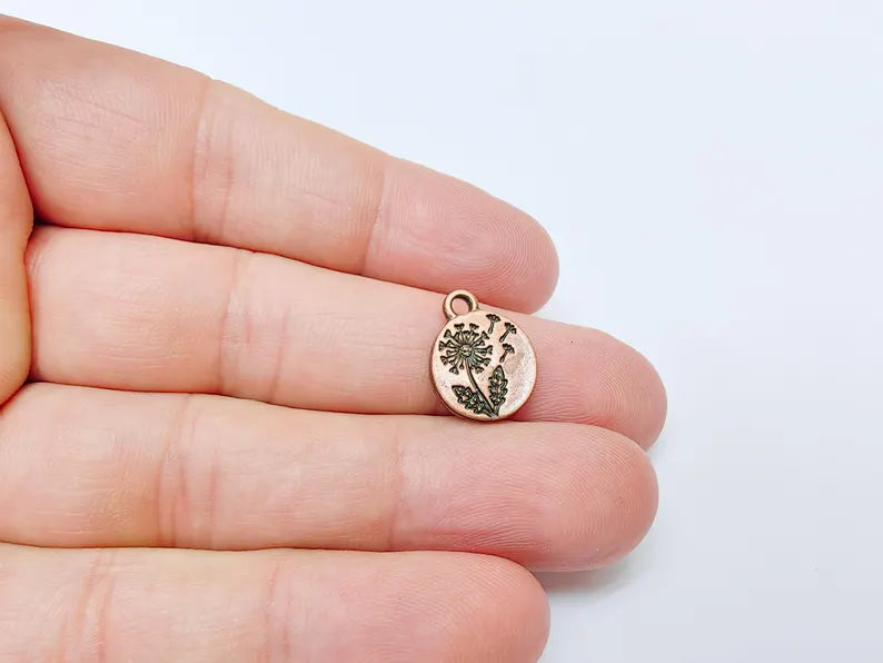 4 Dandelion Flower Charm, Double Sided Botanical, Organic Shape Plant Charm, Nature Earring, Floral Tag, Antique Copper Plated 16x13mm G37515