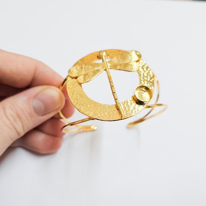 Dragonfly Shiny Gold bracelet brass cuff blank bezel Glass cabochon base Adjustable 24k gold brass (8mm blank) G37518