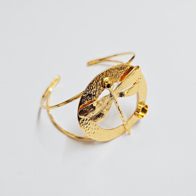 Dragonfly Shiny Gold bracelet brass cuff blank bezel Glass cabochon base Adjustable 24k gold brass (8mm blank) G37518