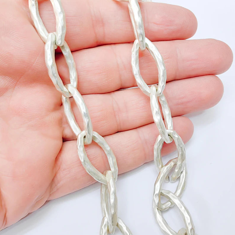 Large Oval Hammered Chain, 26x14mm Silver Plated Zamak Chain, 1 Meter - 3.3 Feet Jewelry Supply, G37520