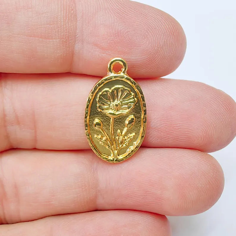 Poppy Flower Pendant, 23x13mm Oval Charm, 24k Shiny Gold Plated Zamak Jewelry Pendant, Floral Design Charm, G37522