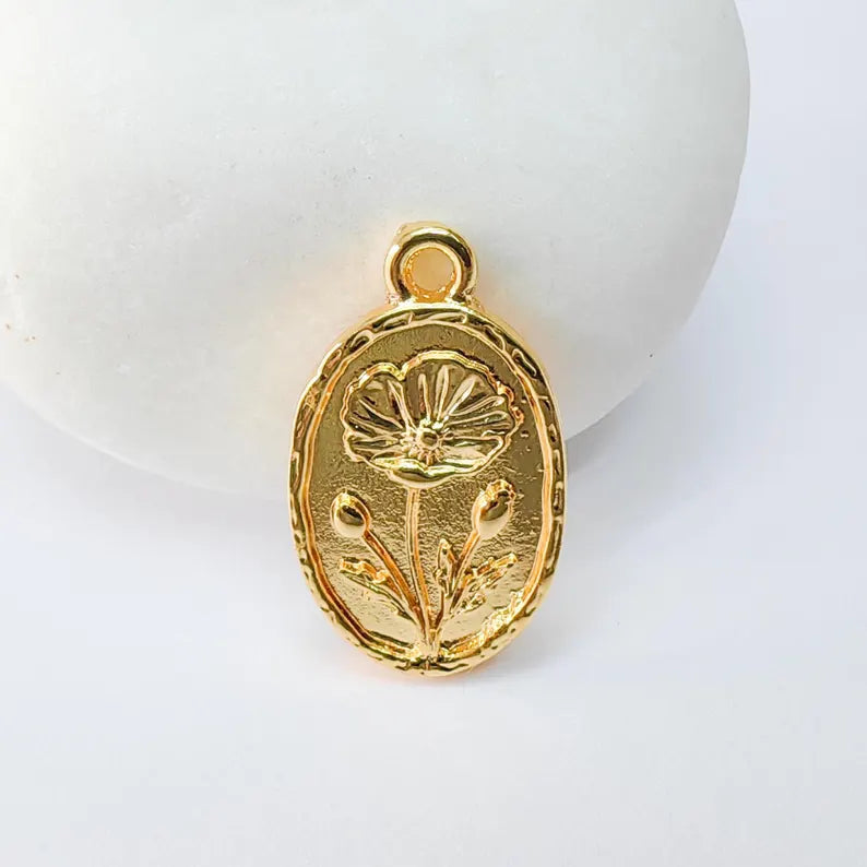 Poppy Flower Pendant, 23x13mm Oval Charm, 24k Shiny Gold Plated Zamak Jewelry Pendant, Floral Design Charm, G37522
