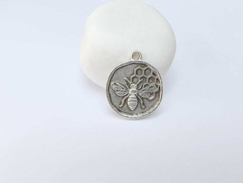 Bee and Honeycomb Pendant Charm, Nature Jewelry Making Supplies, 28x24mm Antique Silver Plated Zamac G37524