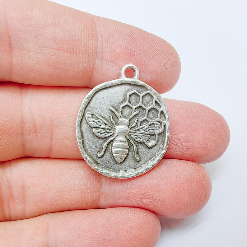 Bee and Honeycomb Pendant Charm, Nature Jewelry Making Supplies, 28x24mm Antique Silver Plated Zamac G37524