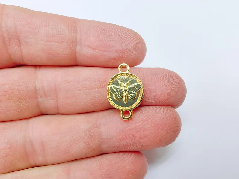 2 Moth Connector Charm, Double Sided Link for Bracelets and Necklaces 24k Shiny Gold 16x13mm G37525