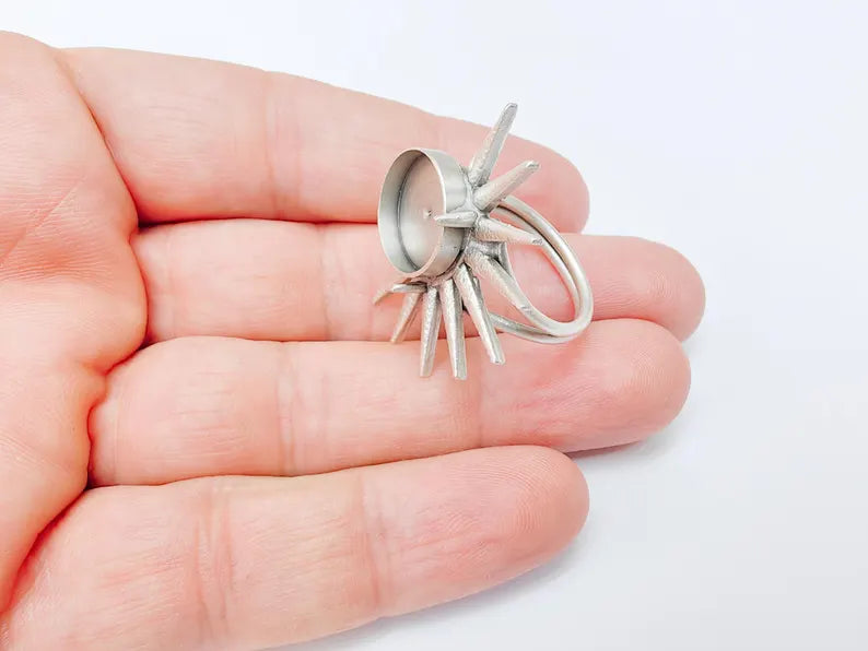 Sunburst Adjustable Ring Base with 14mm Bezel, Radiant Brass Ring Setting for Cabochon Jewelry G37528