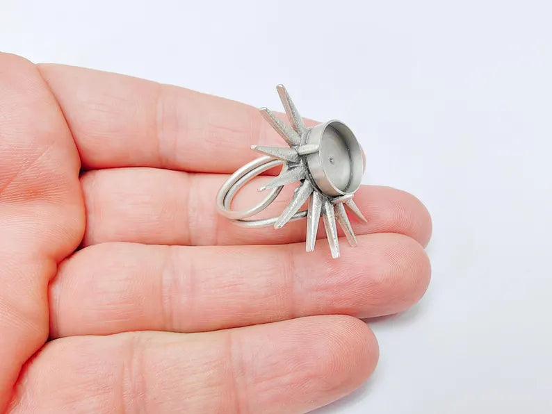 Sunburst Adjustable Ring Base with 14mm Bezel, Radiant Brass Ring Setting for Cabochon Jewelry G37528