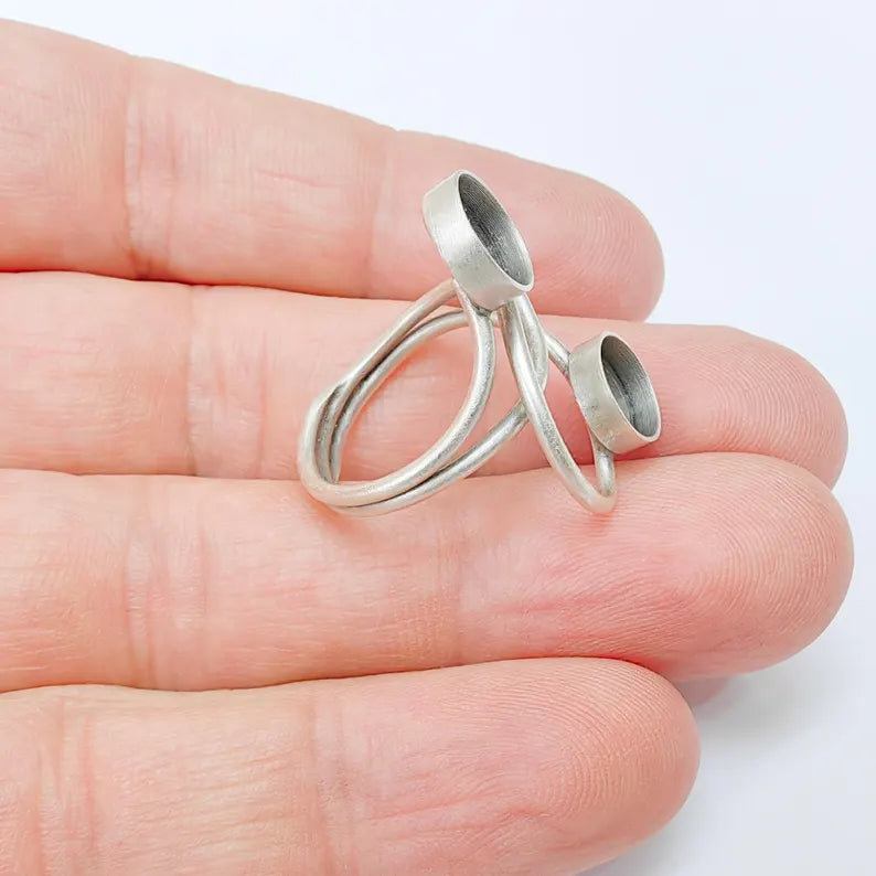 Adjustable Ring Base with Two 8mm Bezels, Double Bezel Brass Ring Setting for Cabochon Jewelry G37529