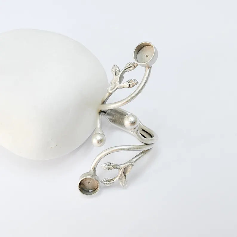 Adjustable Leaf Branch Ring Base with Two 6mm Bezels, Brass Double Bezel Ring for Cabochon Jewelry G37531