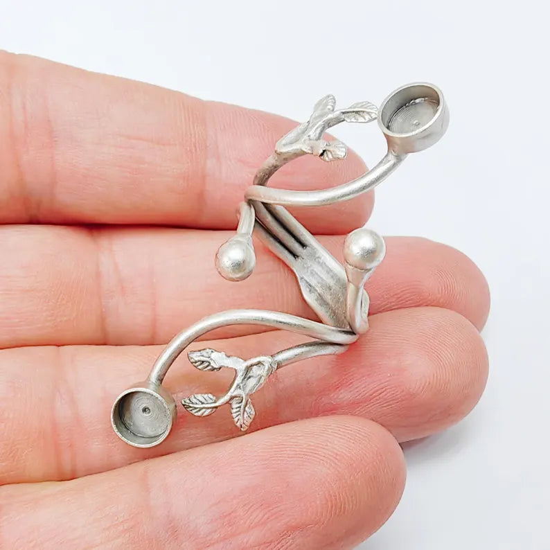 Adjustable Leaf Branch Ring Base with Two 6mm Bezels, Brass Double Bezel Ring for Cabochon Jewelry G37531