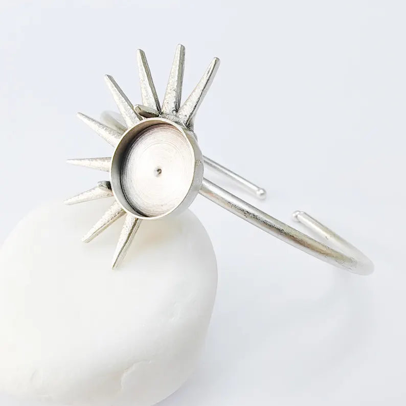 Adjustable Sun Cuff Bracelet Base with 14mm Bezel, Brass Jewelry Blank Antique Silver Plated G37536