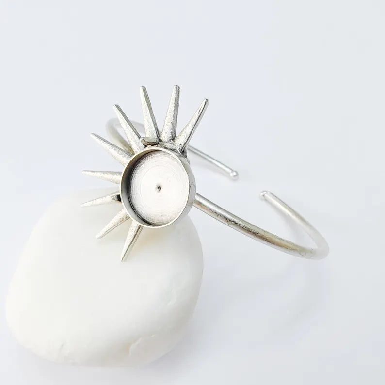 Adjustable Sun Cuff Bracelet Base with 14mm Bezel, Brass Jewelry Blank Antique Silver Plated G37536