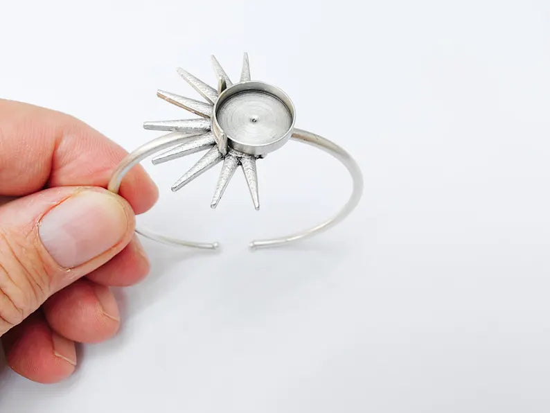 Adjustable Sun Cuff Bracelet Base with 14mm Bezel, Brass Jewelry Blank Antique Silver Plated G37536