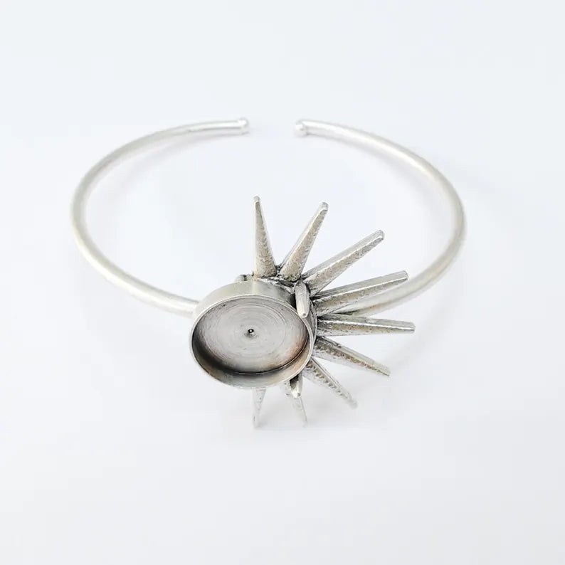 Adjustable Sun Cuff Bracelet Base with 14mm Bezel, Brass Jewelry Blank Antique Silver Plated G37536