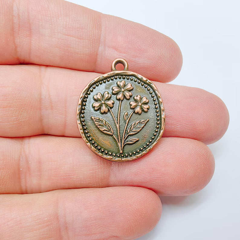 Flower Charm, Organic Edge Floral Medallion Pendant, Antique Copper Plated 28x24mm G37537