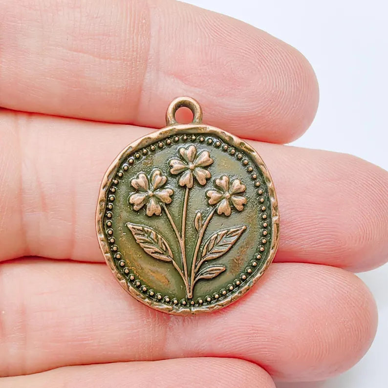 Flower Charm, Organic Edge Floral Medallion Pendant, Antique Copper Plated 28x24mm G37537