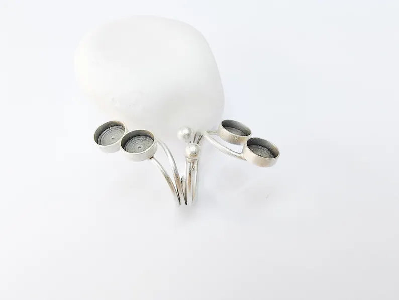 Adjustable Four Bezel Ring Base with 8mm Settings, Brass Jewelry Blank Antique Silver Plated G37541