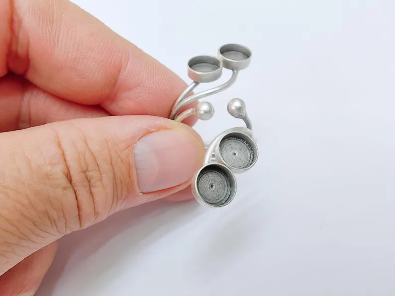 Adjustable Four Bezel Ring Base with 8mm Settings, Brass Jewelry Blank Antique Silver Plated G37541