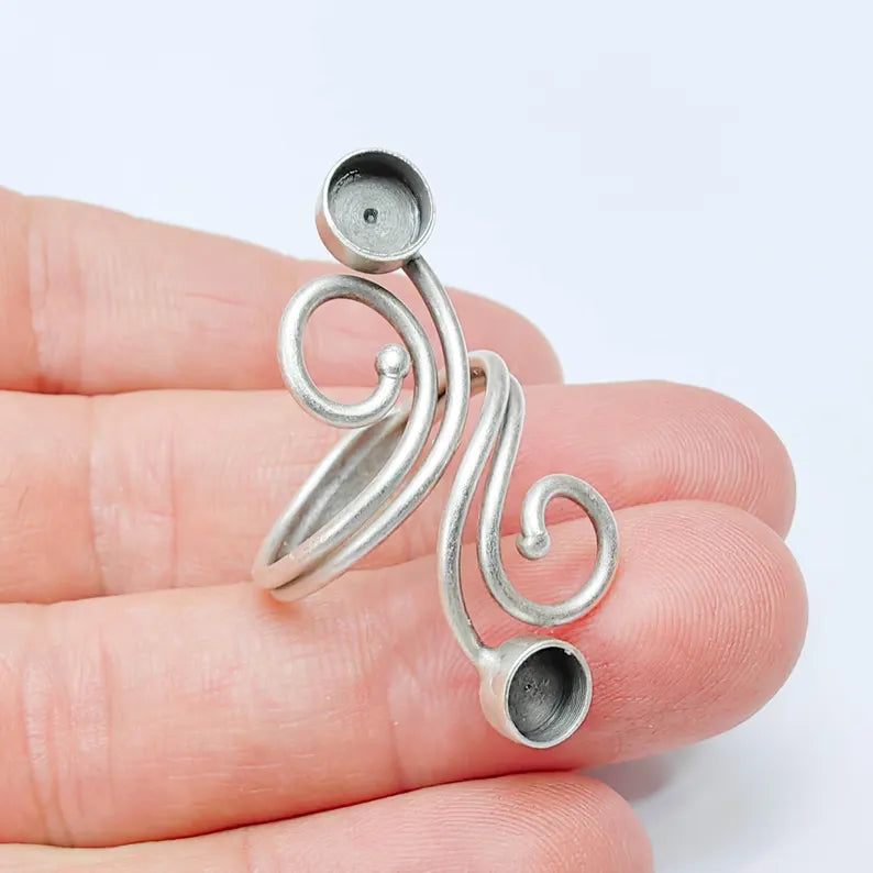 Adjustable Swirl Ring with 6mm Bezel, Antique Silver Plated Brass, Nickel Free, Lead Free, Handmade Jewelry Base G37547