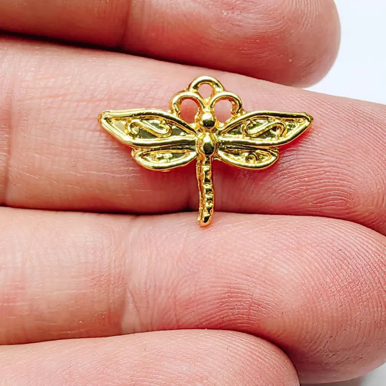 2 Dragonfly Charm 21x15mm, 24k Shiny Gold Plated Zamak Pendant, Nickel Free, Lead Free, Jewelry Making Supplies G37548