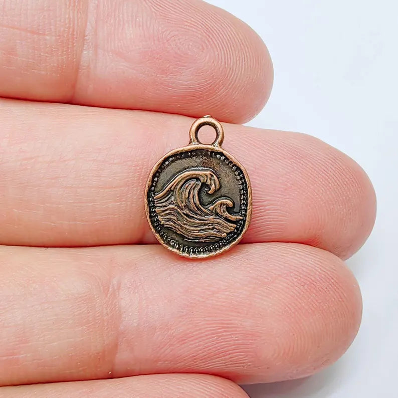4 Ocean Wave Pendant, Wave Charm, Bracelet Charm, Earring Charm, Sea Symbol, Boho Beach, Surf Charm, Antique Copper Plated 16x13mm G37549