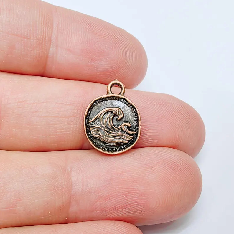 4 Ocean Wave Pendant, Wave Charm, Bracelet Charm, Earring Charm, Sea Symbol, Boho Beach, Surf Charm, Antique Copper Plated 16x13mm G37549