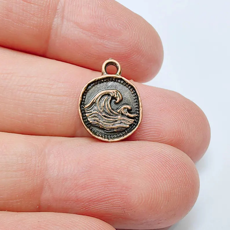 4 Ocean Wave Pendant, Wave Charm, Bracelet Charm, Earring Charm, Sea Symbol, Boho Beach, Surf Charm, Antique Copper Plated 16x13mm G37549