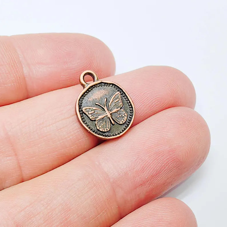 4 Double Sided Butterfly Pendant, Reversible Charm, Antique Copper Plated Zamak, Nickel Free, Lead Free, G37544