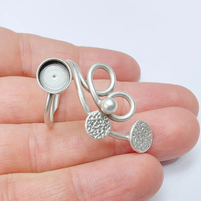 Adjustable Spiral Ring Base 8mm Bezel, Boho Swirl Design, Antique Silver Plated Brass Setting, Nickel Free Lead Free G37551