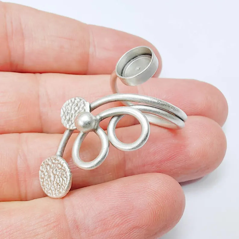 Adjustable Spiral Ring Base 8mm Bezel, Boho Swirl Design, Antique Silver Plated Brass Setting, Nickel Free Lead Free G37551