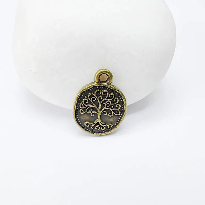 4 Pcs Tree of Life Charm Pendant, Round Double Sided Jewelry Making Supply, Antique Bronze Plated Zamac, 16x13mm, G37553