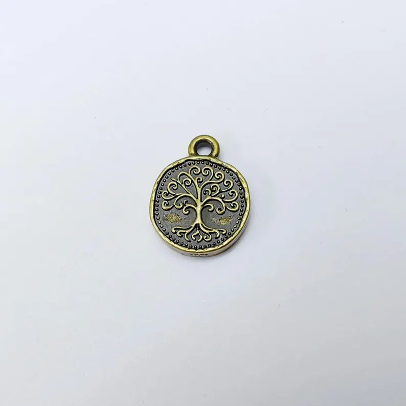 4 Pcs Tree of Life Charm Pendant, Round Double Sided Jewelry Making Supply, Antique Bronze Plated Zamac, 16x13mm, G37553