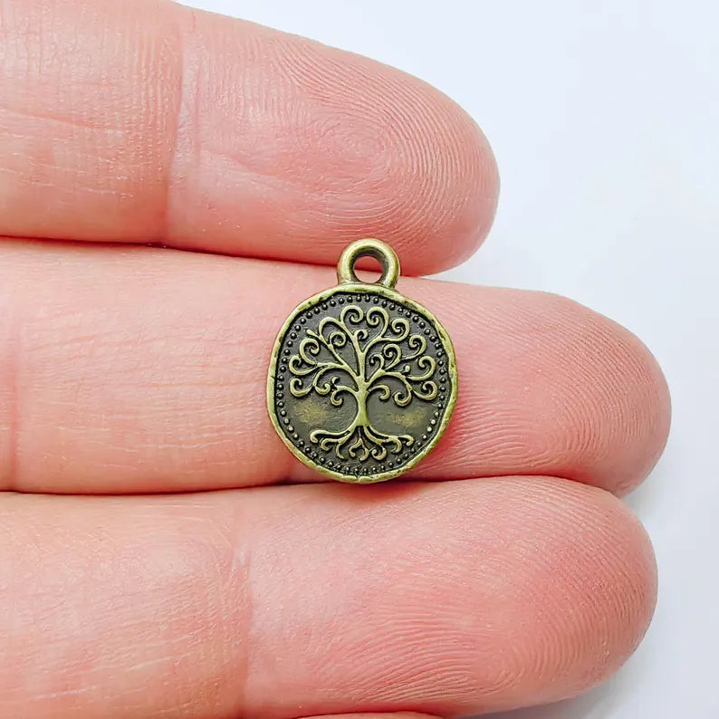 4 Pcs Tree of Life Charm Pendant, Round Double Sided Jewelry Making Supply, Antique Bronze Plated Zamac, 16x13mm, G37553