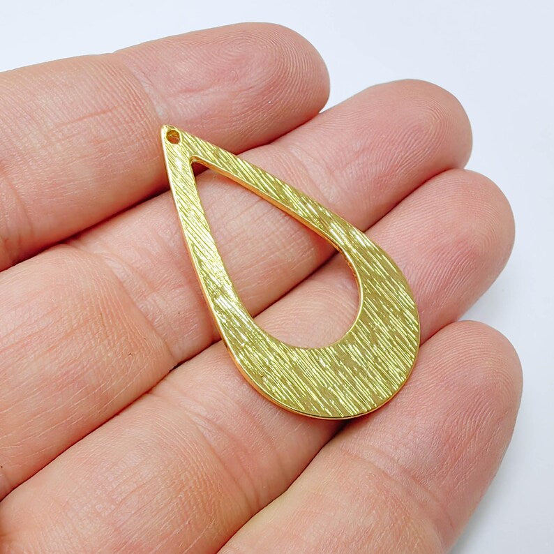 Textured Teardrop Pendant, Open Drop Charm 40x24mm, Double Sided 24k Gold Plated, G37555
