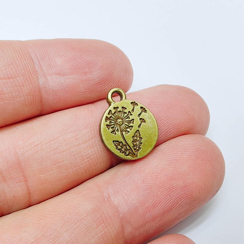 4 Dandelion Flower Charm, Double Sided Floral Plant, Nature Earring, Antique Bronze Plated 16x13mm G37556