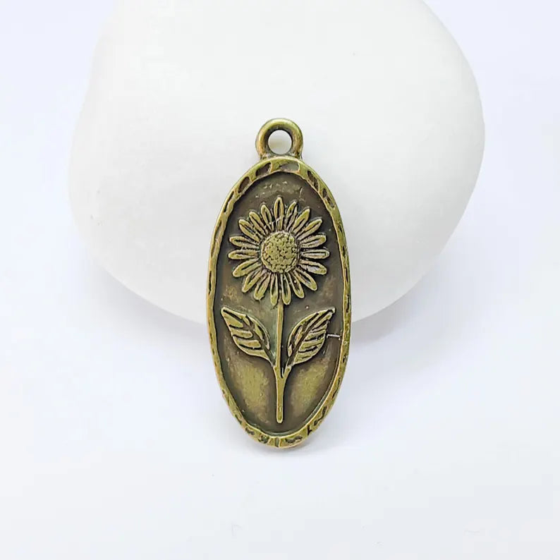 Sunflower Pendant Charm, Oval Floral Pendant, Antique Bronze Plated Jewelry Making, 30x13mm G37560