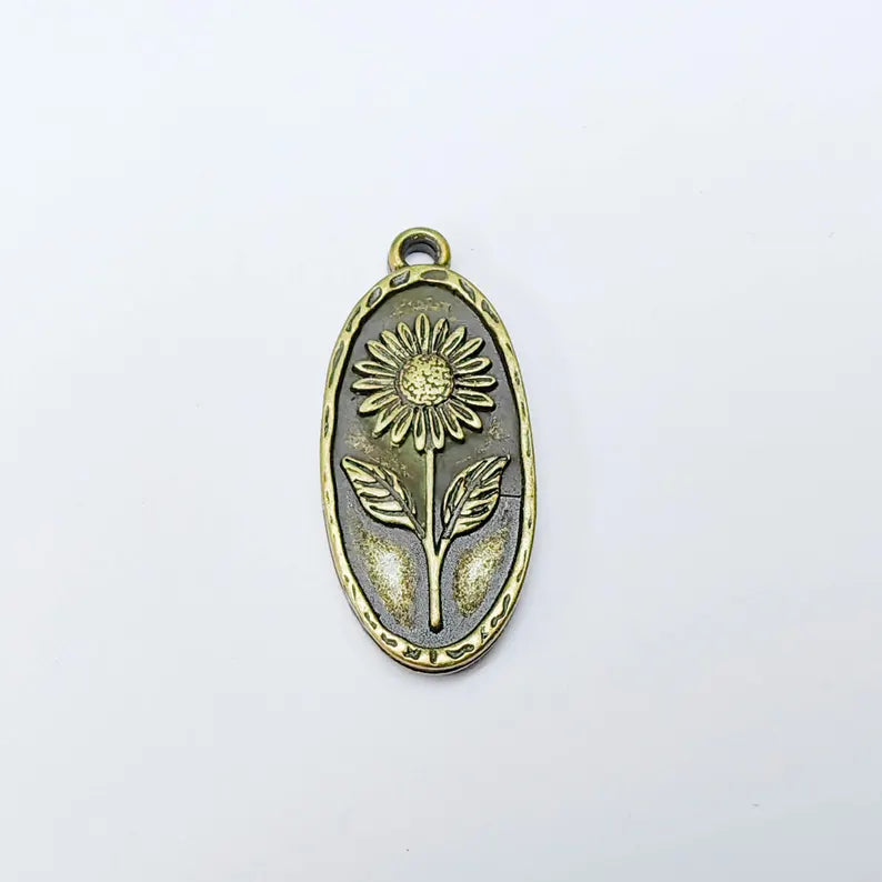 Sunflower Pendant Charm, Oval Floral Pendant, Antique Bronze Plated Jewelry Making, 30x13mm G37560