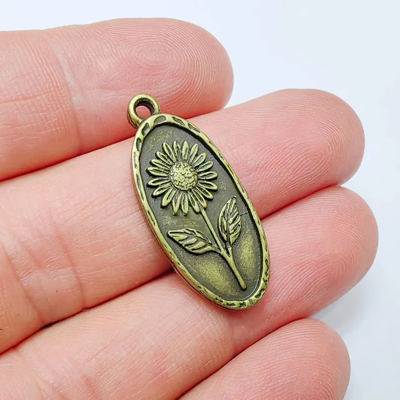 Sunflower Pendant Charm, Oval Floral Pendant, Antique Bronze Plated Jewelry Making, 30x13mm G37560