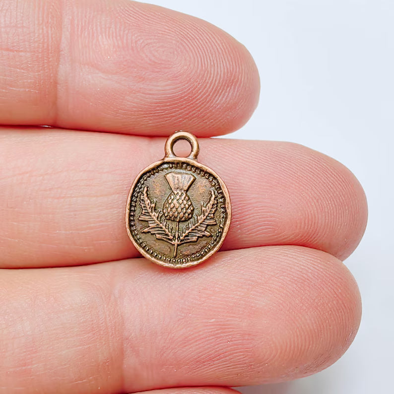 4 Thistle Charm, Double Sided Pendant, Boho Jewelry Making Supplies, Antique Copper Plated, 16x13mm G37561