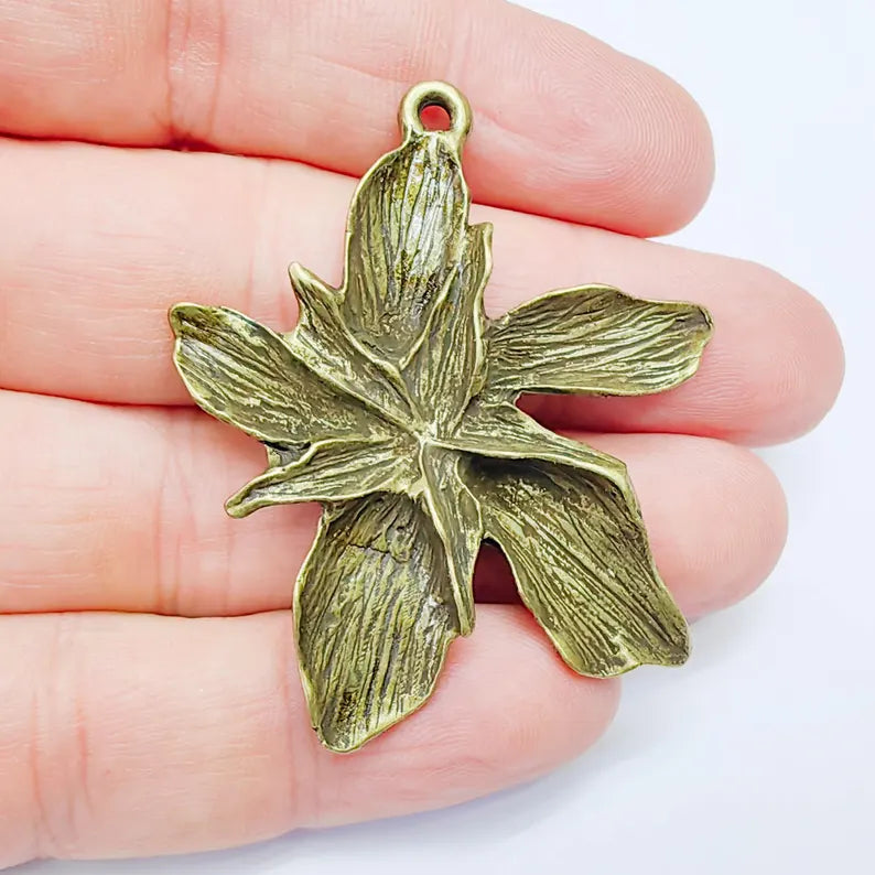Antique Bronze Flower Pendant, Earring Charms, Nature Inspired Floral Design, Lotus Pendant 51x49mm G37564