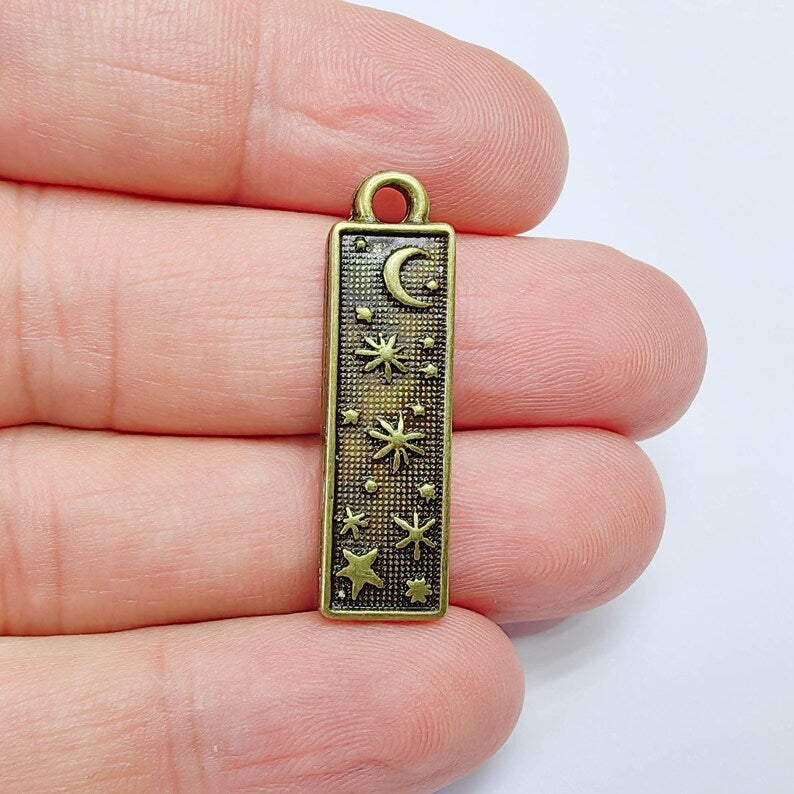 Celestial Moon Stars Charms, Cosmic Night Sky Earring Pendant, Antique Silver Plated 33x9mm G37565