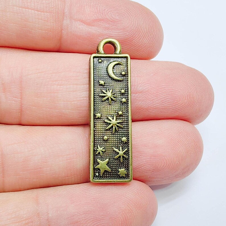 Celestial Moon Stars Charms, Cosmic Night Sky Earring Pendant, Antique Silver Plated 33x9mm G37565
