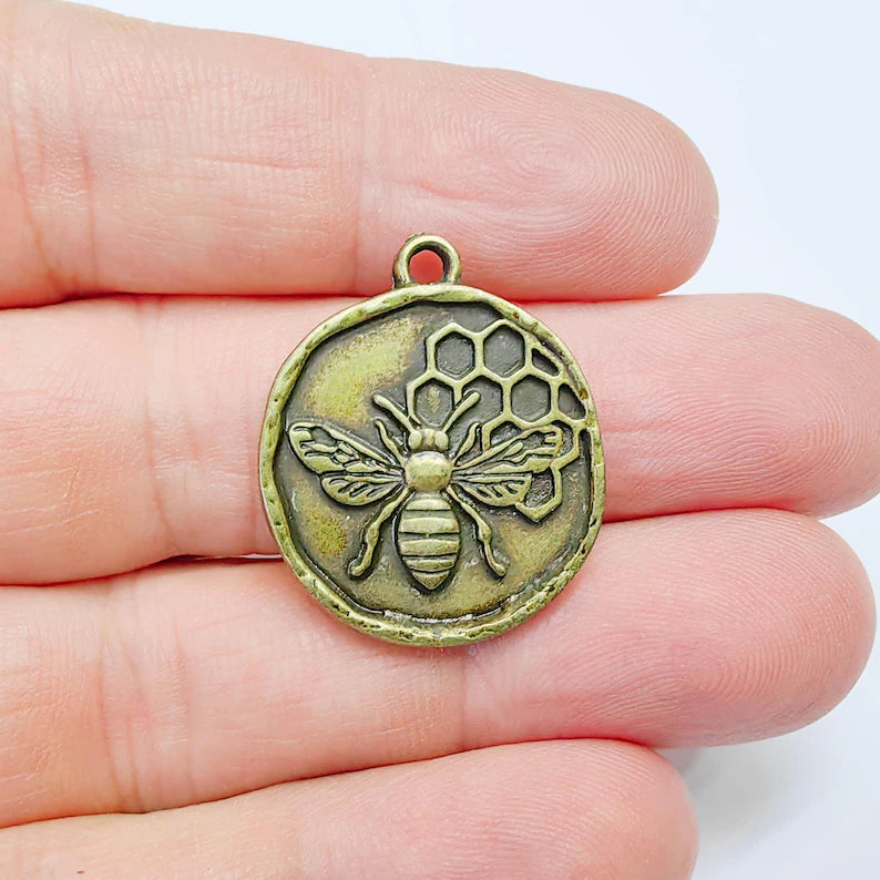 Bee and Honeycomb Pendant Charm, Nature Jewelry Making Supplies, 28x24mm Antique Bronze Plated G37571