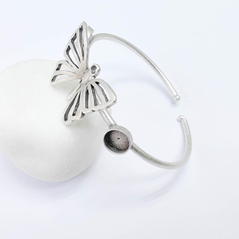 Butterfly Cuff Bracelet, Adjustable 8mm Bezel Bangle, Antique Silver Plated Brass G37572