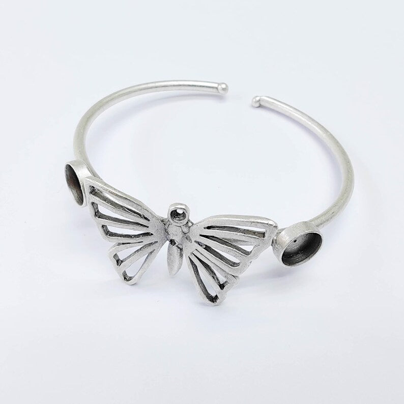 Butterfly Cuff Bracelet, Adjustable 8mm Bezel Bangle, Antique Silver Plated Brass G37572