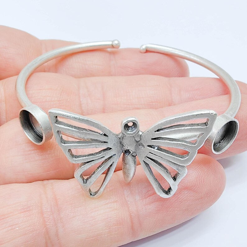 Butterfly Cuff Bracelet, Adjustable 8mm Bezel Bangle, Antique Silver Plated Brass G37572