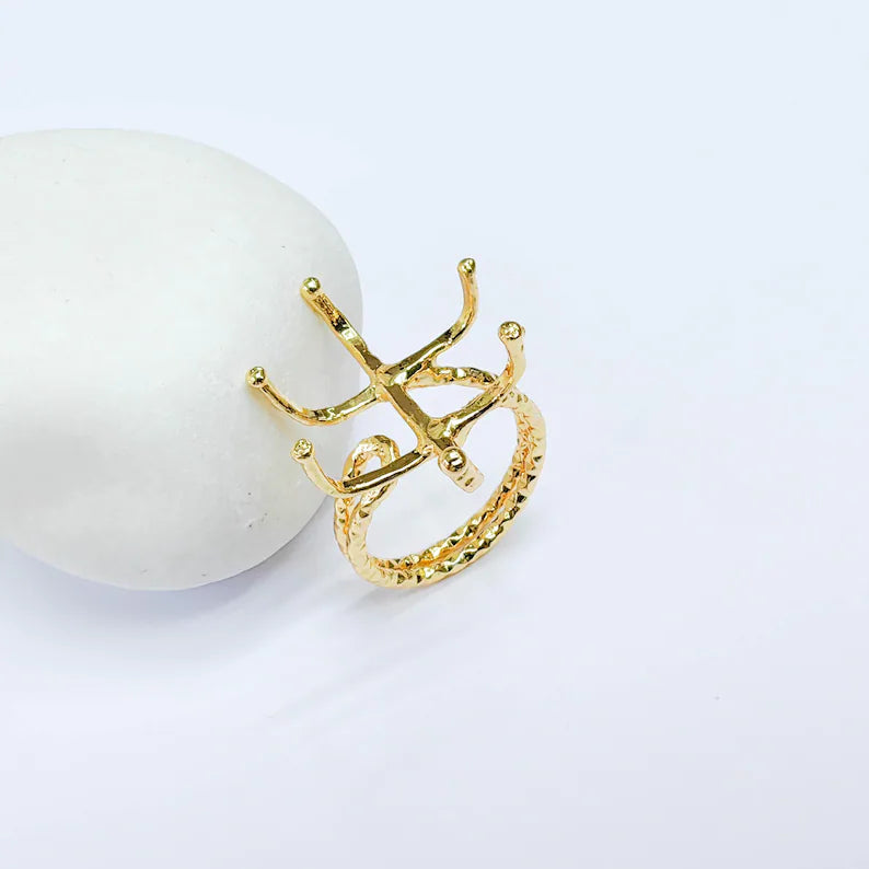 Claw Ring Setting, Cabochon Blank, Oval Base, Adjustable 24k Shiny Gold Brass 25x18mm G37575